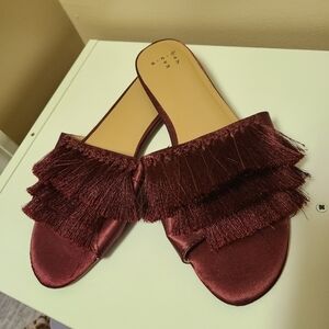 A New Day Red Layered Ruffle Tassel Fringe Slide Sandals